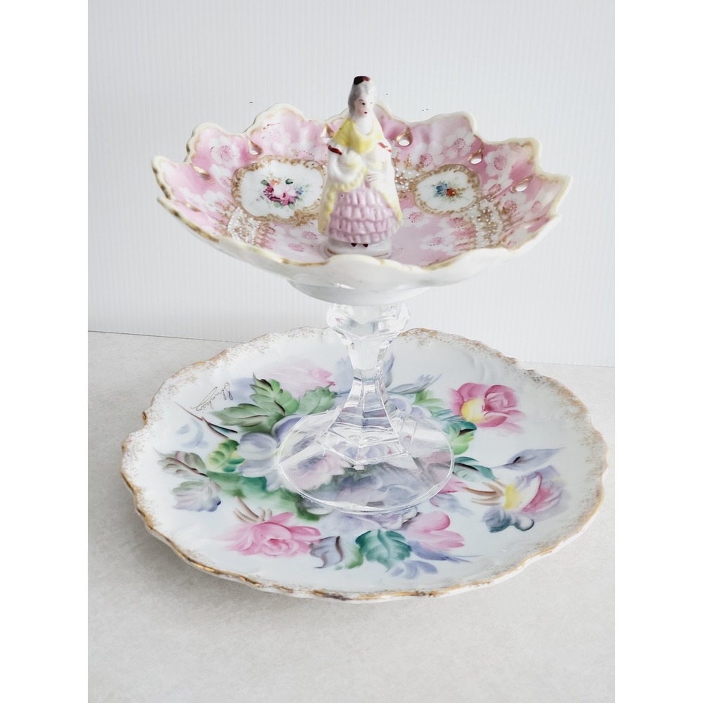 Trinket Dish Pink Floral Figurine Tiered Jewelry Stand Vintage Gold Gilt Shabby